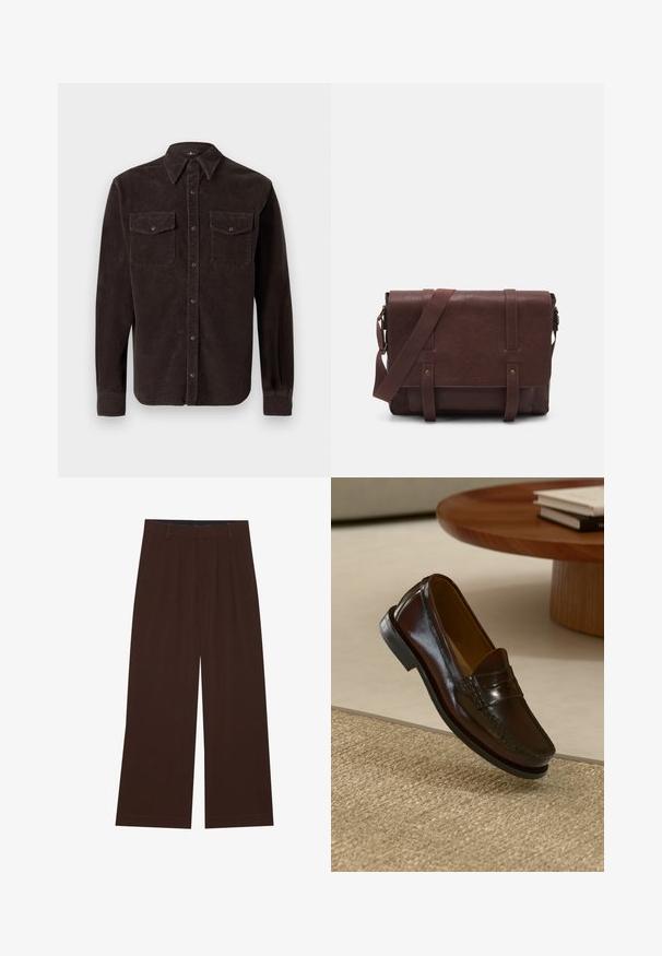Cămașă din cord cord cu un guler clasic, mâneci lungi, două buzunare pe piept cu închidere prin buton și țesătură texturată.; Top din bumbac alb, cu decolteu rotund, bretele late și margine dreaptă, având o textură fină și fără modele vizibile.; Pantaloni maro, cu picioare largi, cu pliuri. Realizați dintr-un material neted, având o talie cusută și buzunare laterale. Tiv plat la baza.; Loaferi din piele maro cu un finisaj lucios, având un detaliu cusut în partea din față și o talpă joasă din cauciuc negru.; Geantă de umăr din piele maro, cu un capac frontal plat, două curele, accente din hardware auriu și o curea de umăr reglabilă.
