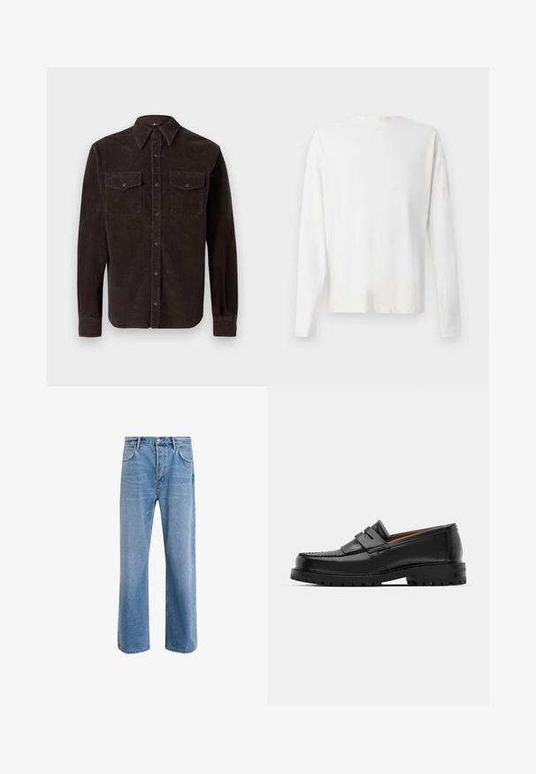 Brown corduroy shirt featuring a classic collar, long sleeves, two chest pockets with button closure, and textured fabric.; Long-sleeved white cotton shirt with a round neckline, side slits at the bottom, and a smooth texture, displayed from the back.; Light blue denim jeans with a straight-leg design, five pockets, button closure, minimal fading, and contrasting stitching details.; Black leather loafers feature a raised seam, two decorative straps on the upper, and a thick textured sole for added grip.