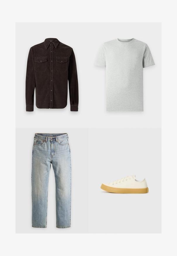Brun kordfløjlskjorte med klassisk krave, lange ærmer, to brystlommer med knaplukning og struktureret stof.; En simpel lys grå kortærmet T-shirt med rund hals, vist på en hvid baggrund, set foran uden synlige logoer eller designs.; Lysblå denim jeans med høj talje, frontknap, lynlås og fem-lomme design, lagt fladt på en neutral baggrund.; Læder sneakers i off-white med rund tå, der har beige gummisåler og fem øjer til snørebånd, struktureret finish på overdelen.