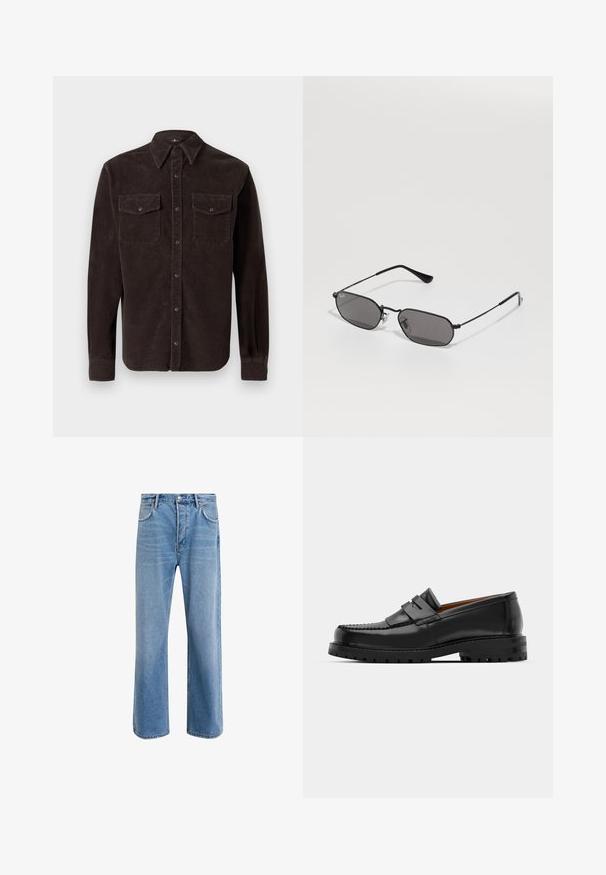 Brown corduroy shirt featuring a classic collar, long sleeves, two chest pockets with button closure, and textured fabric.; Light blue denim jeans with a straight-leg design, five pockets, button closure, minimal fading, and contrasting stitching details.; Black leather loafers feature a raised seam, two decorative straps on the upper, and a thick textured sole for added grip.; Black hexagonal sunglasses with thin metal frame and dark lenses lying on a white surface.