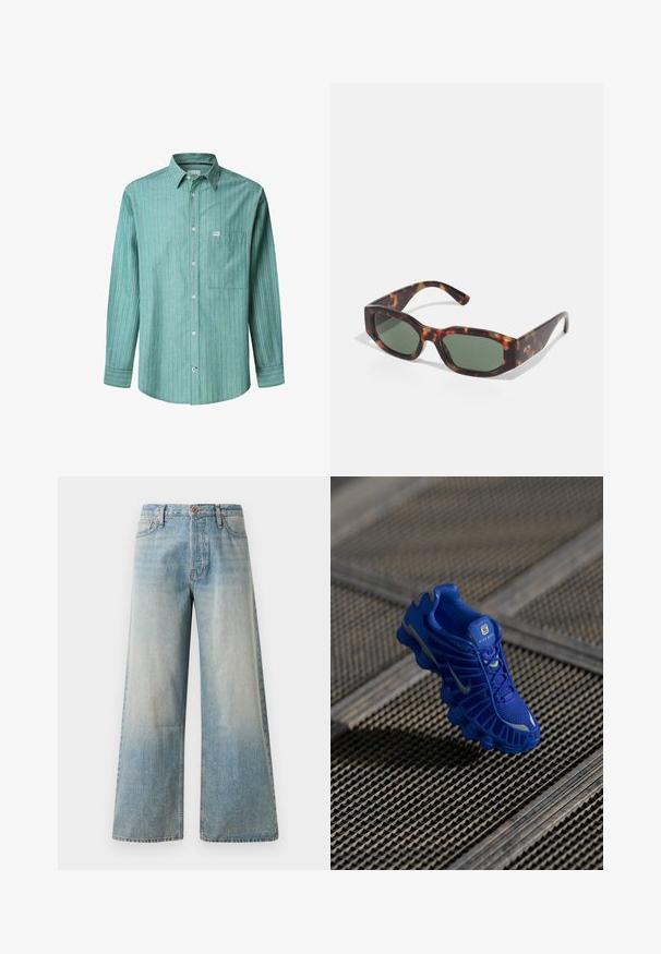 Zelená pruhovaná košile s dlouhými rukávy, světle modré a bílé svislé pruhy, jedno kapsička na hrudi a malé logo značky.; Světle modré široké džíny vyrobené z denimu. Mají vysoký pas, zapínání na knoflík a jemné vyblednutí s hladkou texturou a šitými švy.; Modrá sportovní bota s síťovaným svrškem, texturovaným designem a výraznou podrážkou, která obsahuje odlišné prvky odpružení a reflexní akcenty.; Sluneční brýle ve stylu želvoviny s obdélníkovými zelenými skly, širokým rámem a silnými nohami. Disponují elegantním designem a hladkou plastovou texturou.