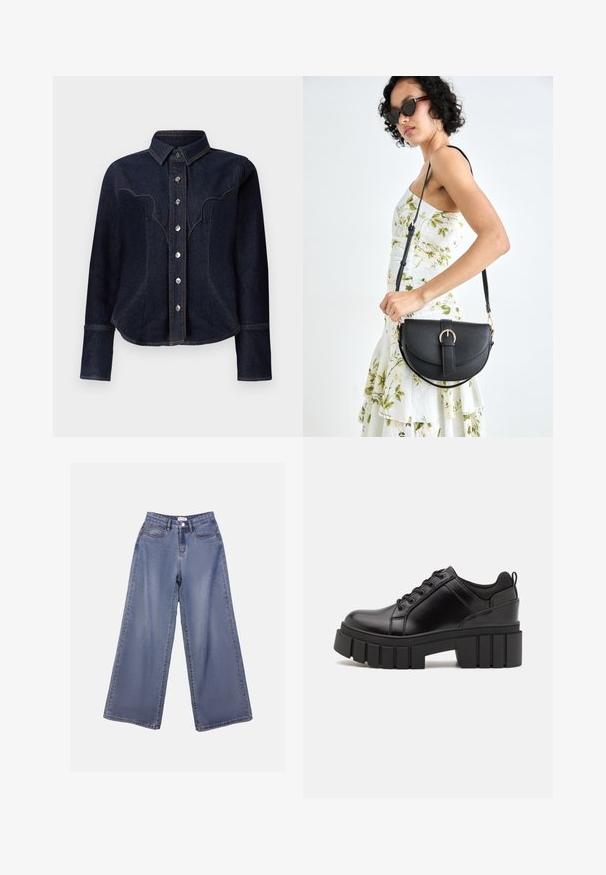 Ciemnoniebieska koszula dżinsowa z kołnierzem w stylu westernowym, ozdobiona srebrnymi guzikami, długimi rękawami oraz subtelnymi detalami przeszycia.; Jasnoniebieskie dżinsy o szerokich nogawkach z wysokim stanem, z kieszeniami z przodu oraz zapięciem na guziki i pętelkami na pasek.; Czarne skórzane buty na platformie z masywnym słupkowym obcasem, okrągłym noskiem i klasycznym sznurowaniem. Posiadają gładką teksturę i minimalne wykończenia.; Czarna skórzana torebka o zakrzywionym kształcie, z odpinanym paskiem i złotymi akcentami. Torebka posiada klapę z zapięciem w kształcie klamry.