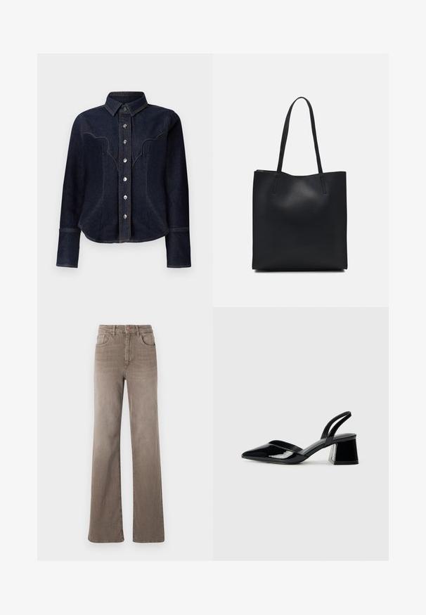 Dark denim shirt with a western-style yoke, featuring silver buttons, long sleeves, and subtle stitching details.; Brown high-waist straight-leg jeans with front button, belt loops, and classic five-pocket design on a white background.; Black patent leather slingback heels with a pointed toe and a geometric block heel. Features a sleek, minimal design and smooth texture.; Black leather tote bag with smooth texture, rectangular shape, and two long handles. No visible hardware or embellishments.