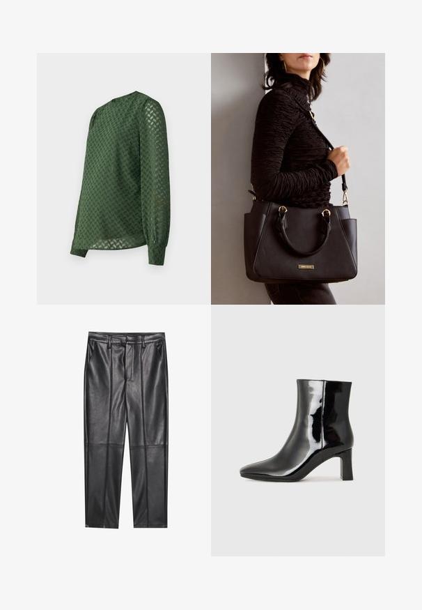 Zelena bluzica z teksturiranim chevron vzorcem, dolgimi rokavi, okroglim izrezom in rahlo ohlapnim krojem z nabranimi manšetami.; Črne usnjene hlače z gladko teksturo, z ravnim krojem, dvema sprednjima žeparjema in vidnimi šivi.; Črne lakirane gležnjarje z ošiljenim nosom in srednje visokim blokastim peto. Gladka tekstura in minimalističen dizajn.; Črna torbica z teksturirano površino, z dvema zgornjima ročajema in nastavljivim ramenskim pasom. Ima zlatovrateče dodatke in stranske žepe.