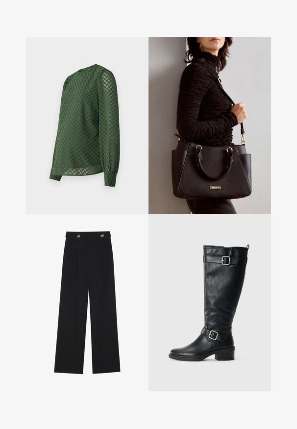 Grüne Bluse mit einem strukturierten Chevron-Muster, langen Ärmeln, rundem Ausschnitt und einem leicht lockeren Schnitt mit gerafften Bündchen.; Schwarze weite Hosen mit hoher Taille, Knopfdetails am Bund und vorderen Falten.; Hohe schwarze Lederstiefel mit niedrigem Absatz, dekorativen Schnallen in der Nähe des Knöchels und oben sowie einer Ziehschlaufe auf der Rückseite.; Schwarze Handtasche mit strukturierten Oberflächen, doppelten Obergriffen und verstellbarem Schultergurt. Mit goldfarbener Hardware und Seitentaschen.