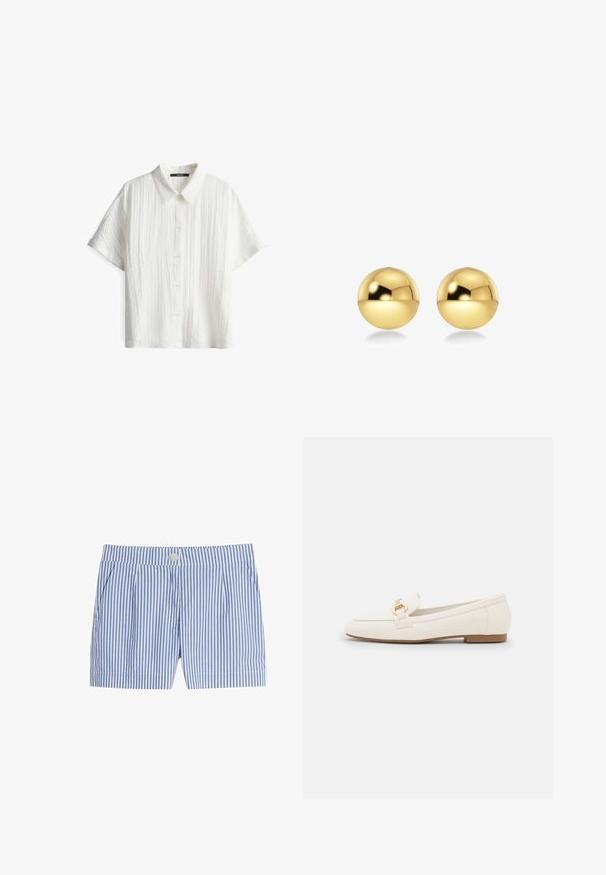 White short-sleeve shirt with a textured pattern, featuring a collar and five buttons. The fabric has a lightweight appearance.; Blue and white striped shorts featuring a button closure, pleats, and a smooth fabric texture. Short length cut with side pockets.; White leather loafers with a flat sole, featuring a gold-tone buckle detail and a smooth finish. Classic design with simple lines.; Gold-colored spherical earrings with a shiny, reflective surface. The design is simple and smooth, creating a modern, minimal look.