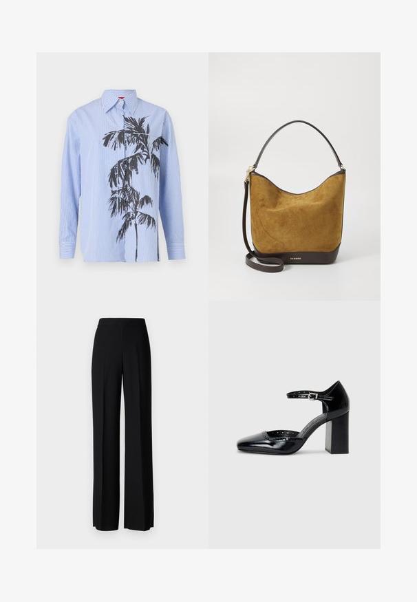 Blau gestreiftes Langarmhemd mit einem schwarzen Palmen-Graphic auf der Vorderseite. Es hat einen klassischen Kragen und eine Knopfverschluss-Ausstattung.; Schwarze weite Hosen mit einer glatten Textur, ausgestattet mit einem hohen Bund und mittleren Falten. Keine sichtbaren Muster oder Hardware-Details.; Schwarze patentierte Leder-High Heels mit quadratischer Zehenform, Knöchelriemchen und dicker Absatz. Enthält durchbrochene Details entlang des Randes.; Wildleder-Handtasche in Senfgelb mit einem glatten, dunkelbraunen Lederboden und Schulterriemen. Goldene Hardware-Akzente und geprägtem Markennamen.