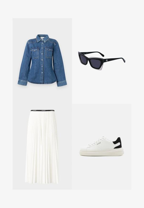 Modrá džínová košile s límcem, dvěma kapsami na hrudi a zapínáním na knoflíky. Navržena s dlouhými rukávy a střihaným střihem.; Záhybová bílá sukně s černým elastickým pasem s logem "LACOSTE". Suška je střední délky a má jemnou texturu.; Bílé kožené tenisky s tlustou bílou podrážkou, černým semišovým akcentem na patě a vyraženým logem na boku. Šněrovací design se šesti očka.; Černé oversized sluneční brýle geometrického tvaru, s tmavými skly a kontrastním šedým detailem na rámu. Logo na rameni.