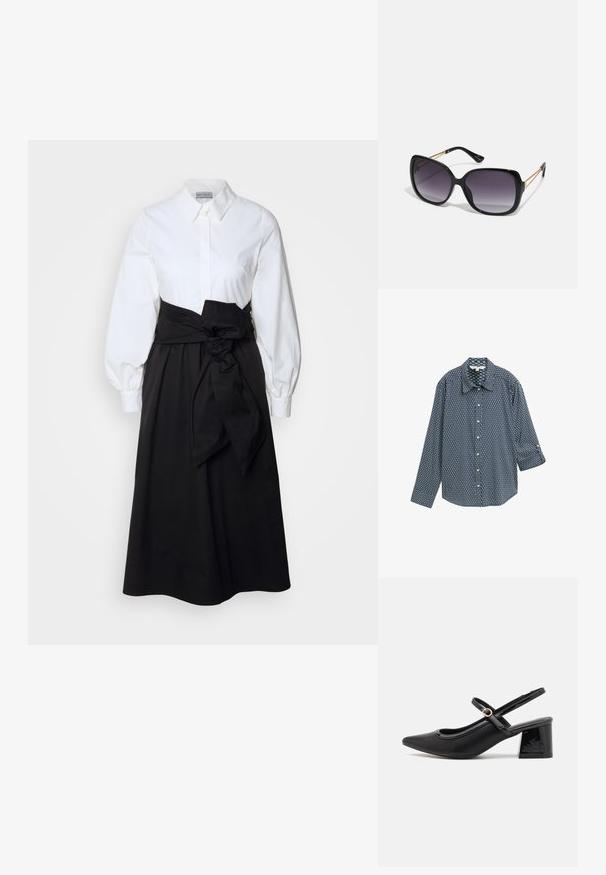 Button-up shirt in navy with a geometric pattern. Features a classic collar, long sleeves, and a relaxed fit. Cotton blend material.; White button-up top with long puff sleeves, paired with a black skirt and fabric belt tied at the waist, made from smooth cotton material.; Black patent leather slingback heels with a pointed toe, a rounded cutout design, and a block heel. Features a gold-tone buckle accent.; Black oversized sunglasses with gradient lenses, thick frames, and gold-tone chain detailing on the temple arms.; Black handbag with structured shape, smooth texture, and a metallic clasp. Paired with wide black pants and open-toe sandals on wooden floor.