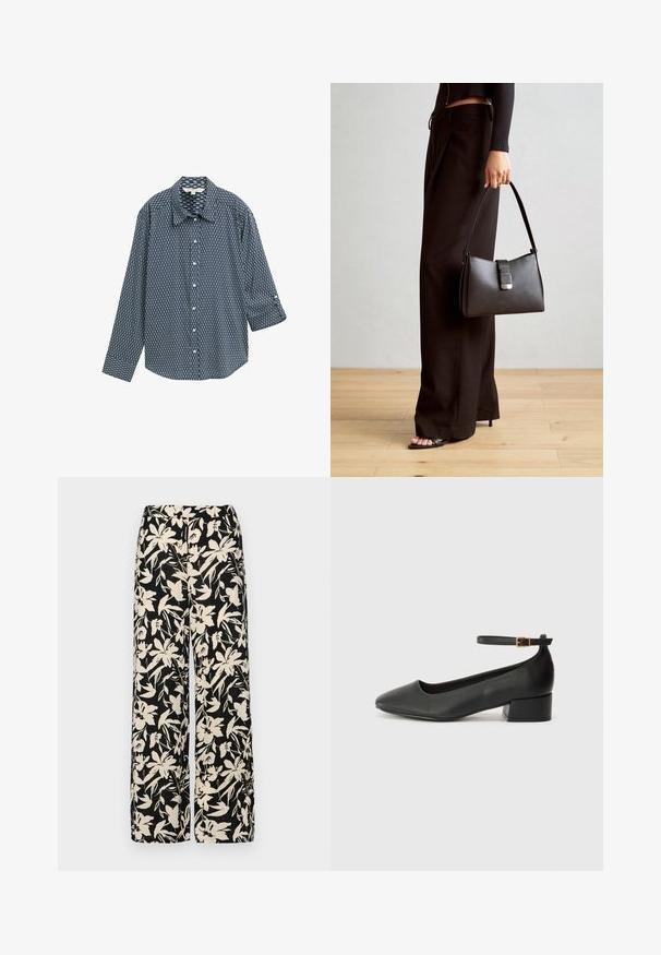 Navyfarbendes Hemd mit geometrischem Muster. Mit klassischem Kragen, langen Ärmeln und lässiger Passform. Aus Baumwollmischung.; Schwarzes Kurzarmoberteil aus glattem Material, mit einem Peplum-Design und einem taillierten Bund, der mit zwei runden, silberfarbenen Knöpfen ausgestattet ist.; Schwarze weit geschnittene Hose mit einem cremefarbenen Blumenmuster. Hergestellt aus leichtem Stoff, mit einer glatten Textur und einem hohen Bund.; Schwarze Lederpumps mit spitzem Zehenbereich und niedrigem Blockabsatz. Mit einem Knöchelriemen und einer goldfarbenen Schnalle. Glatte Textur.; Schwarze Handtasche mit strukturierter Form, glatter Textur und einem metallischen Verschluss. Kombiniert mit weiten schwarzen Hosen und offenen Sandalen auf einem Holzboden.