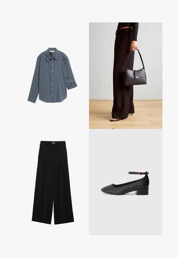 Tumesinine nööpidega särk, millel on geomeetriline muster. Omab klassikalist krae, pikki varrukaid ja lõdva istuvust. Puuvilla segu materjal.; Mustad laiad püksid, millel on tekstureeritud kangas, elastne vöökoht ja eemaldatav pael vööst, et reguleerida sobivust.; Must mustaapp, millel on terav nina ja madal blokk-kand. Omab pahkluu rihma koos kuldse tooni pandlaga. Sile tekstuur.; Must musta kott, millel on struktureeritud kuju, sile tekstuur ja metallist klamber. Kombineeritud laiate mustade pükstega ja avatud varvaste sandaalidega puidust põrandal.