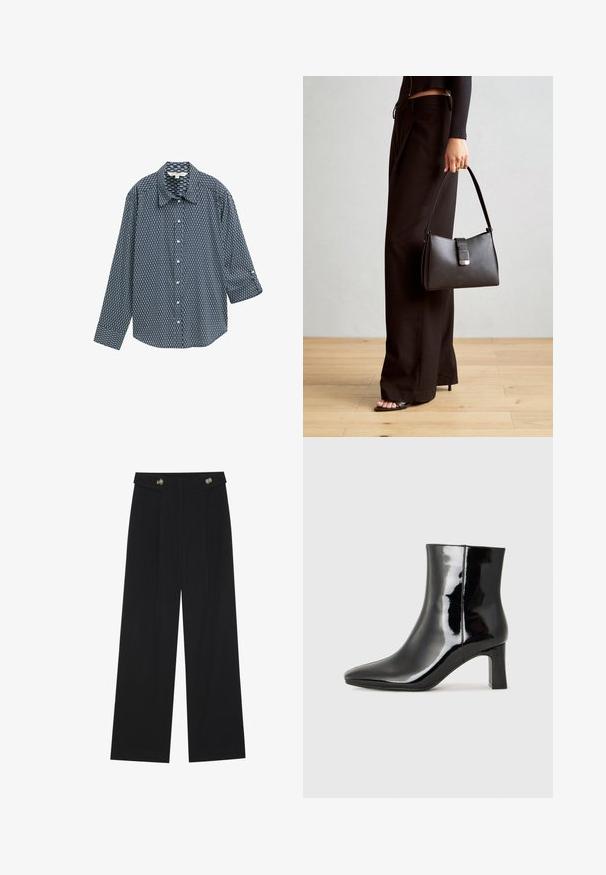 Sötétkék, geometrikus mintás ing. Klasszikus gallérral, hosszú ujjakkal és laza szabással rendelkezik. Pamut keverék anyag.; Fekete, bő szárú nadrág magas derékkal, gombos részletekkel a derékrészen és elülső pliszékkal.; Fekete lakk bőrcipő bokáig érő, hegyes orral és közepes magasságú tömbsarokkal. Simább textúrával és minimalista dizájnnal rendelkezik.; Fekete kézi táska strukturált formával, sima textúrával és fémből készült záródással. Széles fekete nadrággal és nyitott orrú szandállal párosítva, fából készült padlón.