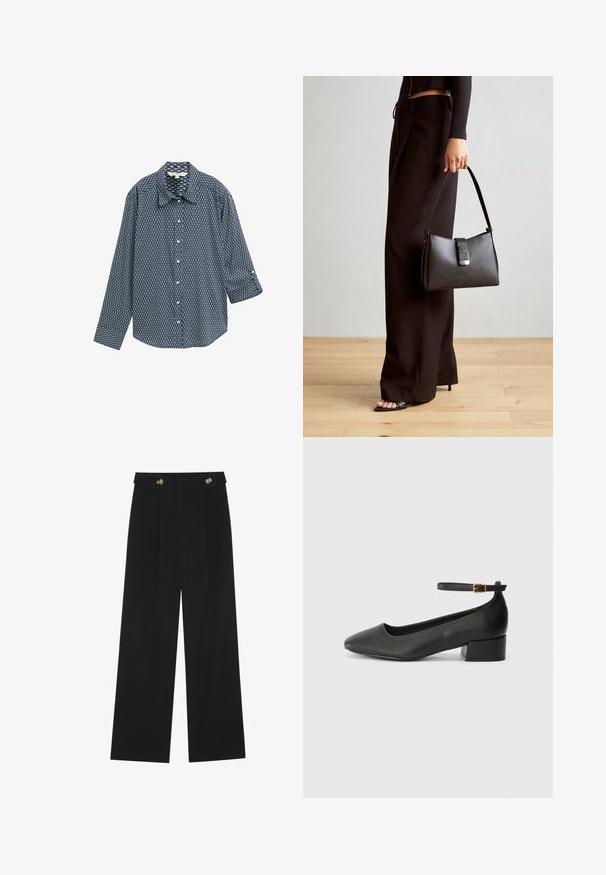 Chemise boutonnée bleu marine avec un motif géométrique. Comprend un col classique, des manches longues et une coupe décontractée. En mélange de coton.; Pantalons larges noirs à taille haute, avec des détails de boutons à la taille et des plis sur le devant.; Escarpin en cuir noir avec un bout pointu et un petit talon bloc. Doté d'une bride de cheville avec une boucle dorée. Texture lisse.; Sac à main noir à la forme structurée, texture lisse et fermoir métallique. Associé à un pantalon noir ample et des sandales ouvertes sur un sol en bois.