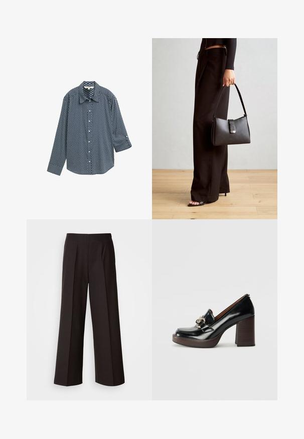 Krekliņš ar pogām tumši zils, ar ģeometrisku rakstu. Iezīmē klasisku apkakli, garām piedurknēm un brīvu piegriezumu. Kvalitatīva kokvilnas maisījuma audums.; Melni platleņķa bikses ar gludu priekšpusi, krokām un gludu auduma struktūru. Piedāvā augstu jostasvietu un pielāgotu griezumu, kas nodrošina strukturētu piegriezumu.; Melnas ādas augstpapēžu loaferi ar noapaļotu purngalu, dekoratīvu sudraba aparatūru, koka bloku papēdi un gludu, spīdīgu apdari.; Melnā somiņa ar strukturētu formu, gludu tekstūru un metālu sprādzi. Saskaņota ar platām melnām biksēm un sandālēm ar atvērtu purngalu uz koka grīdas.