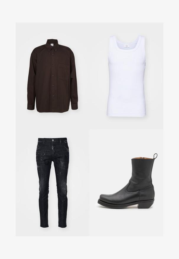 Brown long-sleeve shirt made of cotton, featuring a button-down collar, black buttons, and a pocket on the left side.; White cotton sleeveless tank top with a round neckline, featuring a smooth texture and a fitting shape, designed for casual wear.; Black denim jeans featuring a slim fit, distressed texture, paint splatter accents, and bold graphic prints on the front.; Black leather ankle boot with a smooth texture, slim profile, side stitching, and a low square heel. Features a pull tab at the back.