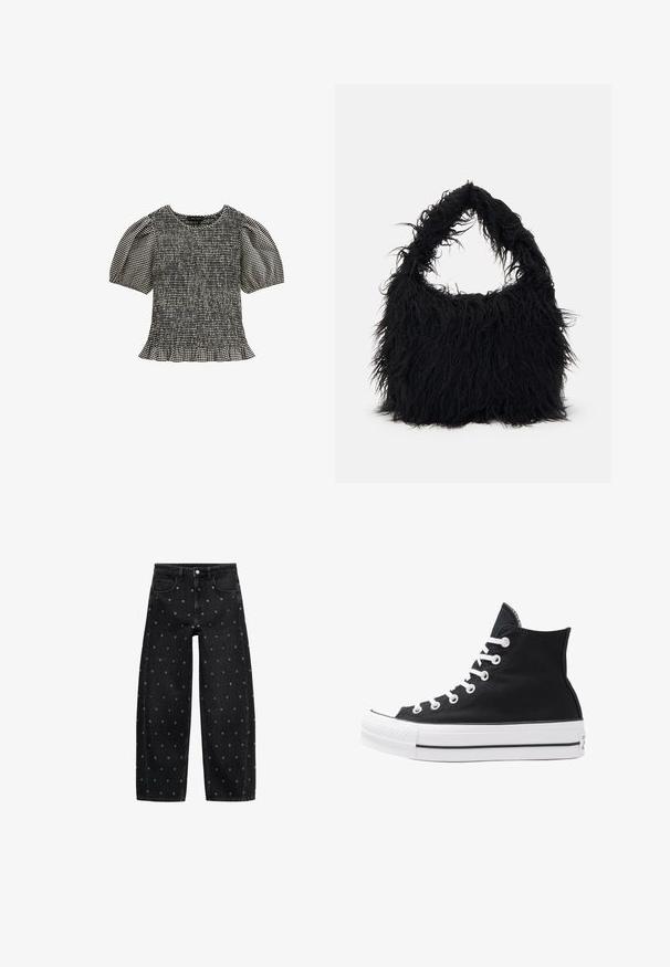 Zwart-wit geruite blouse met een smock-lichaam, korte pofmouwen en een gerimpelde zoom. Gemaakt van lichtgewicht, gestructureerde stof.; Zwarte denim wide-leg jeans met een patroon van kleine zilveren oogjes, met een klassieke vijf-pocket design en een knoopsluiting aan de voorkant.; Hoge zwarte canvas sneaker met witte oogjes, veters en rubberen zool. Beschikt over een gestructureerde neuskap en zwart-witte streepaccenten.; Even&Odd Shopper - black