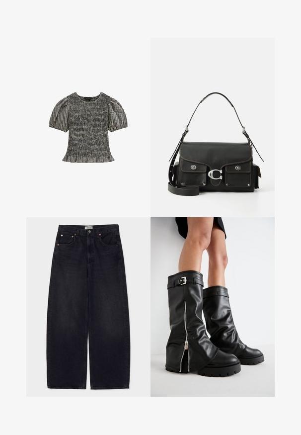 Black-and-white checkered blouse with a smocked body, short puffed sleeves, and a ruffled hem. Made from lightweight, textured fabric.; Wide-leg black denim jeans with copper buttons, two front pockets, and a smooth texture. Clean design with a straight cut.; Black leather knee-high boots with a wide shaft, featuring a side zipper and buckle accent, textured finish, and chunky rubber sole.; Black leather handbag with a flap closure, silver hardware, two front pockets, contrasting stitching, and a detachable shoulder strap.