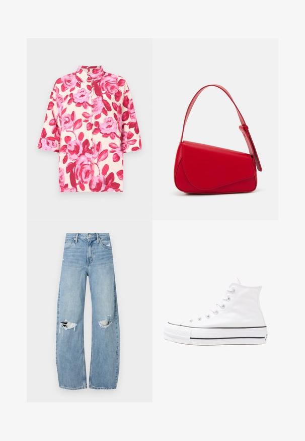Short-sleeve button-up shirt in cream with large pink floral print; features a classic collar and relaxed fit. Fabric has a smooth texture.; Light blue, high-waisted jeans made of denim. Feature wide legs, two torn knee areas, and classic five-pocket styling.; White high-top canvas sneaker with black rubber sole, front rubber toe cap, and six eyelets for laces, featuring a clean, minimalist design.; Red leather handbag with an angular, geometric design. Features a single adjustable strap and a flap closure with stitched detailing.