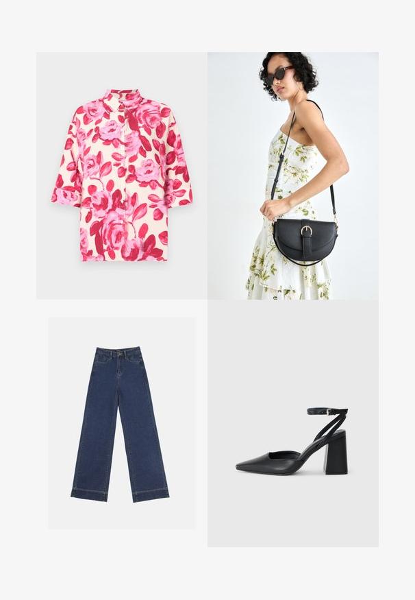 Kreem värvi lühikeste varrukatega nööbkrae särk, millel on suur roosa lillemuster; omab klassikalist kaelust ja vaba lõiget. Kangas on sileda tekstuuriga.; Laiad püksid tumedast sinisest denimist. Omab viit taskut, vöölõke ja toore äärega allosas, kus on nähtavad õmblused.; Mustmustest must-käigukingad, millel on konksuga nöör ja paks konts. Ühtlane tekstuur, stiilne disain ja minimalistlik esteetika.; Mustmust mustraha kõverate joontega, eemaldatava rihmaga ja kuldsete detailidega. Kotil on klapp, millel on pandladetail.