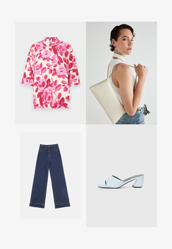 Korte mouwen overhemd met knopen in crèmekleur met grote roze bloemmotieven; heeft een klassieke kraag en een losse pasvorm. De stof heeft een gladde textuur.; Wide-leg jeans in donkerblauwe denim. Voorzien van vijf zakken, riemlussen en een rauwe zoom onderaan met zichtbare stikseldetails.; Lichtblauwe open teen hakmules met een geometrisch ontwerp, voorzien van een brede band over de voet en een forse, hoekige hak.; Witte rechthoekige clutch tas gemaakt van glanzend materiaal, met een zilveren kettingband. Model poseert en toont de tas tegen een effen achtergrond.