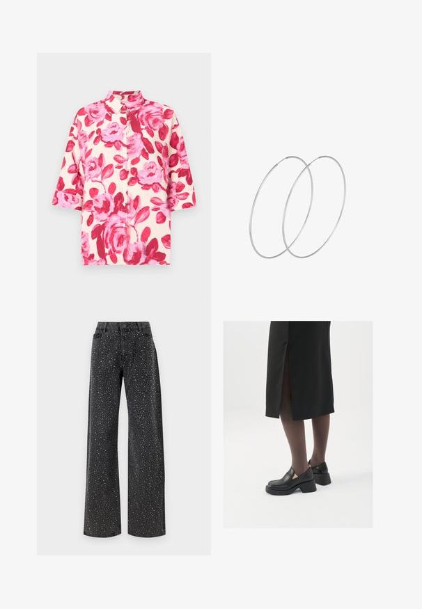 Košele s krátkym rukávom v krémovej farbe s veľkým ružovým kvetinovým vzorom; má klasický golier a voľný strih. Tkanina má hladkú textúru.; Noisy May NMJANNEL LOOSE - Džínsy voľného strihu - black denim; Čierne kožené topánky s okrúhlou špičkou, silným blokovým opätkom a elastickými bočnými akcentmi, skombinované s tmavými pančuchami a čiernou sukňou so štiepením.; Strieborné kruhové náušnice s minimalistickým dizajnom. Cirkulárny tvar, hladký povrch a tenký profil. Ľahké s lesklým povrchom.