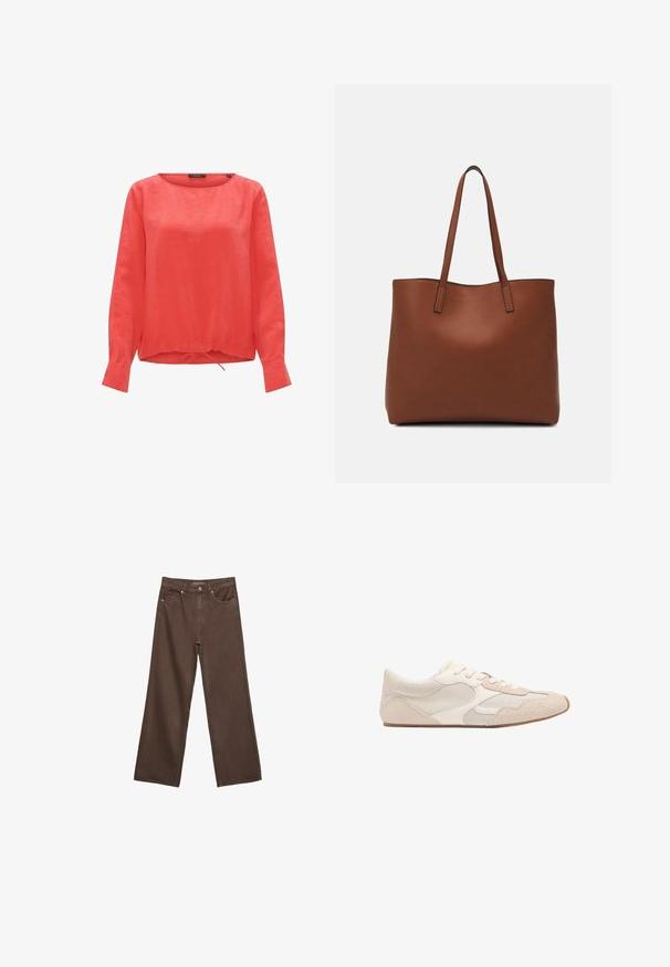 Blusa di lino rossa con scollo rotondo, maniche lunghe e dettaglio della parte inferiore a cordoncino arricciato. Texture liscia senza motivi o accenti visibili.; Jeans a gamba larga marroni in denim, con vita alta, tasche anteriori e chiusura a bottone classica. Tessuto liscio con cuciture sottili.; Scarpa atletica beige con una combinazione di materiali in mesh e suede, punta arrotondata e lacci. Gli accenti testurizzati sulla parte superiore migliorano la presa.; Borsa tote in pelle marrone con texture liscia, design con apertura superiore e due spallacci. Presenta cuciture minime e nessun hardware visibile.