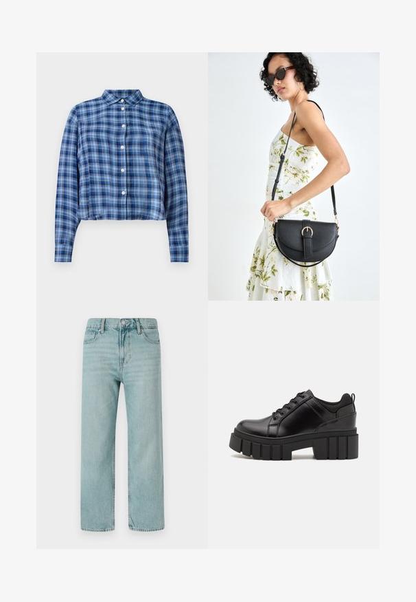 Camisa cropped de manga longa em padrão xadrez azul e preto, com colarinho pontudo e botões brancos na frente, sobre um fundo branco.; Jeans de perna larga azul claro feitos de denim, apresentando um clássico design de cinco bolsos, linhas limpas e uma cintura regular com fecho de botão.; Sapatos de plataforma em couro preto com um salto bloco robusto, bico redondo e design clássico de atacadores. Apresentam uma textura suave e detalhes mínimos.; Bolsa de couro preta com forma curva, alça destacável e detalhes em dourado. A bolsa possui uma aba com detalhe de fivela.