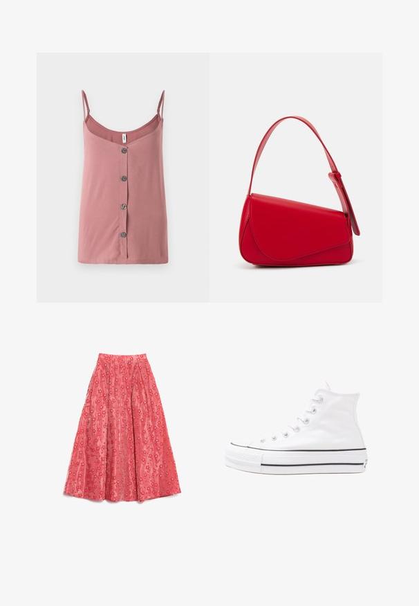 Pink sleeveless top in a smooth fabric with adjustable straps, featuring a button-down front and a relaxed fit. Ideal for warm weather.; Flowing coral maxi skirt made of textured fabric, featuring a floral pattern with small white accents and pleats for volume.; White high-top canvas sneaker with black rubber sole, front rubber toe cap, and six eyelets for laces, featuring a clean, minimalist design.; Red leather handbag with an angular, geometric design. Features a single adjustable strap and a flap closure with stitched detailing.