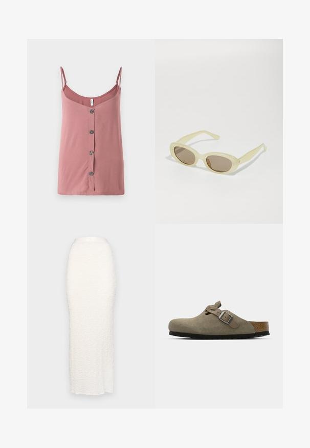 Top rosa senza maniche in tessuto morbido con spalline regolabili, caratterizzato da una chiusura frontale con bottoni e una vestibilità comoda. Ideale per il clima caldo.; Gina Tricot STRUCTURE MAXI SKIRT - Gonna lunga - white; Zoccoli in suede di un verde oliva chiaro con una soletta in sughero e gomma sagomata. Presentano una cinghia laterale con fibbia metallica e una punta arrotondata.; Occhiali da sole ovali con una montatura traslucida di un giallo pallido e lenti marroni. Presentano una superficie liscia e sottili dettagli metallici sui lati.