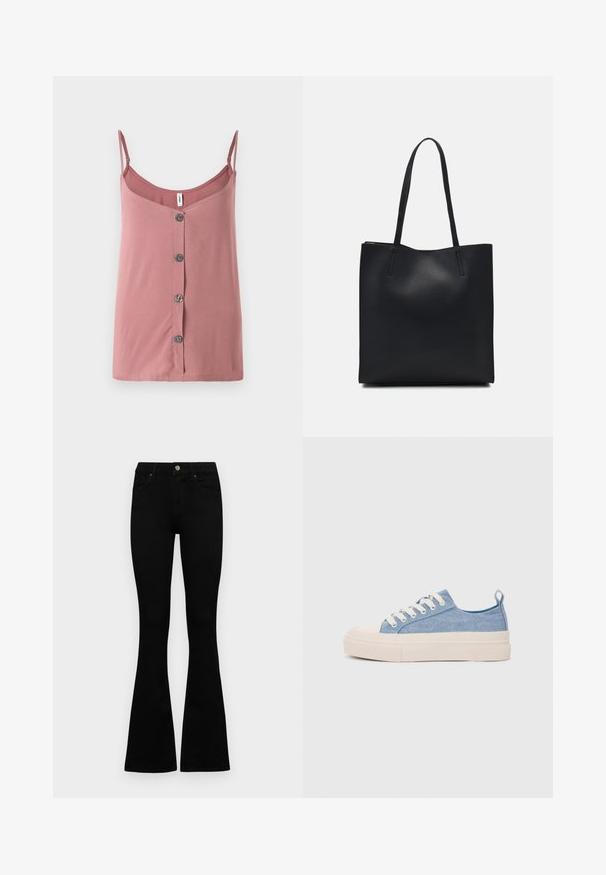 Rosa ermeløs topp i et glatt stoff med justerbare stropper, med knappestolpe foran og en avslappet passform. Ideell for varmt vær.; Sorte høytlivsjeans med knapp og glidelås, frontlommer og utsvingte bein liggende flatt på en hvit bakgrunn.; Lys blå canvastøfler med en kremfarget gummitupp og yttersåle, med hvite snørebånd og en løfteløkke på hælen.; Svart lær tote bag med glatt tekstur, rektangulær form og to lange håndtak. Ingen synlige deler eller dekorasjoner.