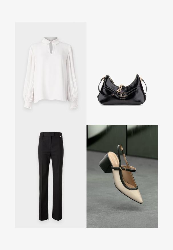Bluză albă cu guler și detaliu tip cheie. Mâneci lungi, plisate, cu manșete elastice. Textură netedă și croială lejeră.; Pantaloni negri, croiți, cu un design drept, având un brâu cu închidere buton și slits laterale la tiv.; Pantof divers în nuanță bej, cu vârf ascuțit, curea de susținere în spate, cu margine neagră, cataramă aurie și toc gros pe un podea gri, cu un fundal verde închis.; Geantă din piele patent neagră cu un design curbat, accente de hardwear aurii și un logo proeminent. Include o curea de umăr detașabilă.