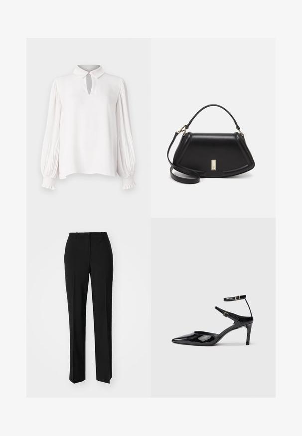 White blouse with a collar and keyhole detail. Long, pleated sleeves with elastic cuffs. Smooth texture and relaxed fit.; Black tailored trousers with a straight-leg design, featuring a smooth texture and crisp creases along the front. No visible hardware.; Black patent leather heels with a pointed toe, adjustable ankle straps, and a slender heel. Smooth texture with a shiny finish.; Black leather handbag with a structured design, featuring a cropped shape, top handle, and gold hardware accent. Adjustable shoulder strap included.