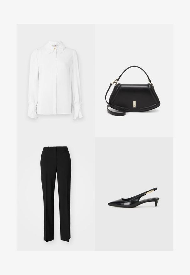 White long-sleeve blouse featuring a pointed collar with floral accents, button closure at the front, and flared cuffs. Smooth fabric texture.; Black tailored trousers with a straight-leg design, featuring a smooth texture and crisp creases along the front. No visible hardware.; Black leather slingback heels with a pointed toe, featuring a slim heel and a gold-tone accent on the adjustable strap. Smooth texture.; Black leather handbag with a structured design, featuring a cropped shape, top handle, and gold hardware accent. Adjustable shoulder strap included.
