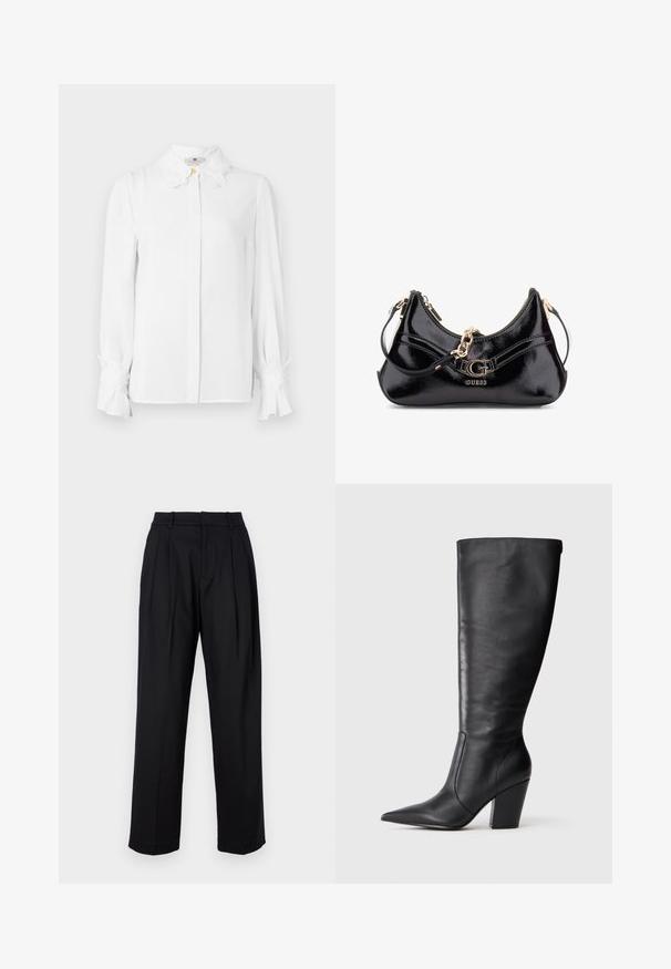 White long-sleeve blouse featuring a pointed collar with floral accents, button closure at the front, and flared cuffs. Smooth fabric texture.; Black trousers with a tailored design, featuring a high waist, pleats, and straight leg cut. Made from smooth fabric with a solid color.; Black knee-high leather boot with pointed toe and chunky high heel, shown in left side profile on white background.; Black patent leather bag featuring a curved design, gold hardware accents, and a prominent logo. Includes a removable shoulder strap.