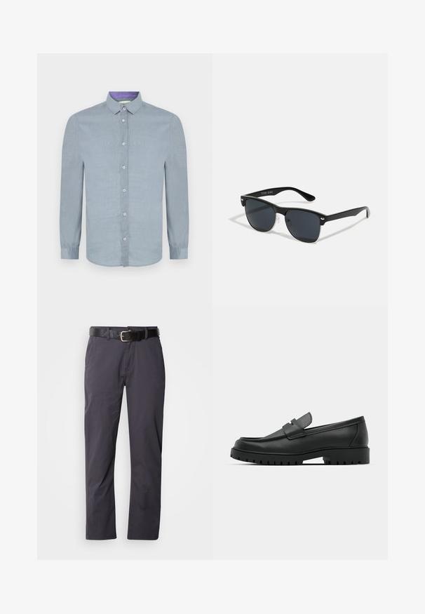 Light blue long-sleeve shirt with a button-down collar, front buttons, and a smooth texture. Inner collar features a contrasting purple accent.; Black cotton trousers with a straight cut, featuring two front pockets and a belt. The fabric has a smooth texture and a matte finish.; Black leather loafers with a rounded toe, featuring a stitched design, low platform sole, and a textured, lugged rubber outsole.; Black sunglasses with a rectangular shape, dark lenses, silver accents at the temples, and a matte finish on the frame.