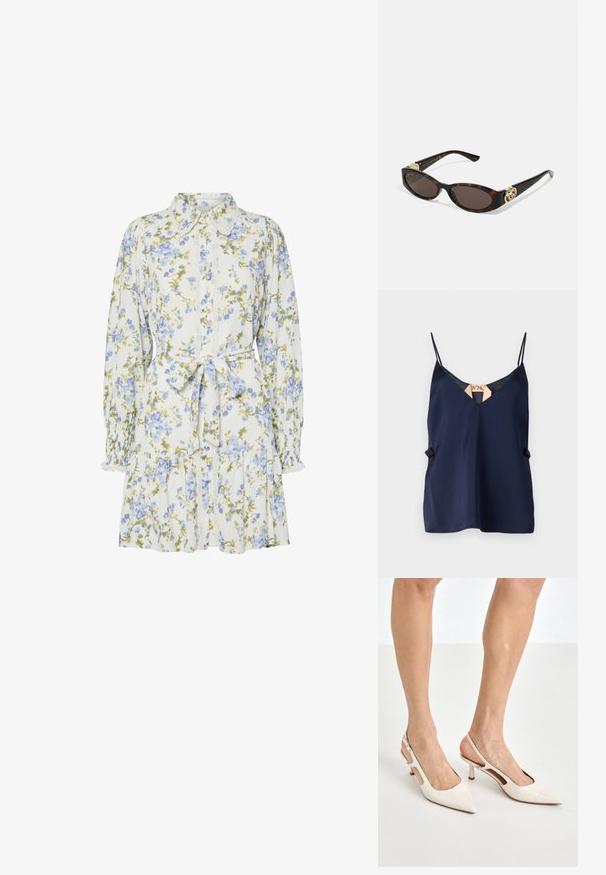 Tamsiai mėlynas satino camisole su V formos iškirpte, plonomis petnešėlėmis ir subtiliu šoniniu akcentu. Lygi tekstūra ir lengvas dizainas.; Baltos spalvos su mėlynomis ir žaliomis gėlėmis gėlėta suknelė, turinti apykaklę, mygtukų užsegimą priekyje, ilgas rankoves su elastiniais rankogaliais ir juosmens juostą.; Šviesiai pilkos, lakuotos odos slingback aukštakulniai su smailiu noseliu ir 5 cm kulnu, su išpjovomis šonuose ir plona kulkšnies juostele.; Tortoise kiaurinių saulės akinių su pailgomis ovalo formos lęšiais, rudos spalvos atspalviu, auksinėmis logotipo detalėmis ant šakelių ir elegantiškais juodais rankenėlėmis.; Balta gėlių rankinė su susiraukšlėjusia audinio paviršiumi, auksinės spalvos grandinėlės dirželiu ir metaliniu uždarymu. Papuošta tekstūruotomis žiedlapėmis, pridėjančiomis detalių.