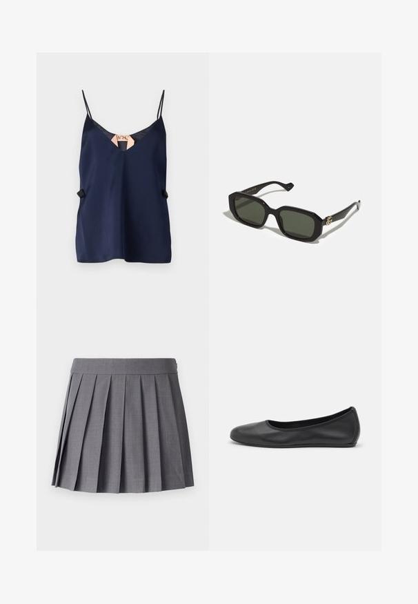 Marineblå satin cami med V-hals, tynde stropper og en subtil sideaccent. Glat tekstur og let design.; SOMETHINGNEW SNMEGAN MINI - Pliceret nederdel /Nederdele med folder - harbor mist; Sort læderballetsko med rund tå, glat tekstur, minimal syning og et fleksibelt såldesign.; Sorte rektangulære solbriller med ensfarvede grønne linser, med en blank finish og en guld-logo detalje på siden.