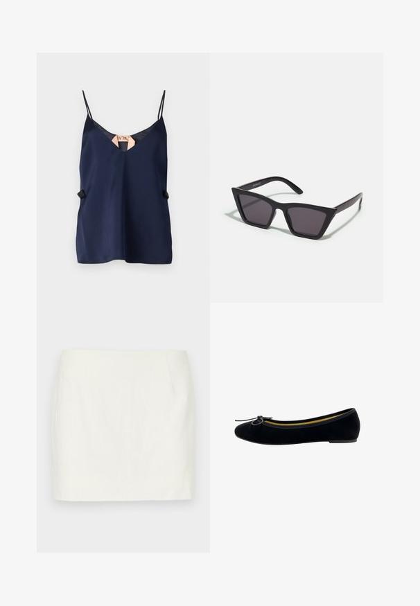Navyblaue Satin-Camisole mit V-Ausschnitt, dünnen Trägern und einem dezenten seitlichen Akzent. Glatte Textur und leichtes Design.; Weißer Leinen-Minirock mit geradem Schnitt, ausgestattet mit seitlichen Taschen und einer glatten Textur. Keine sichtbaren Muster oder Akzente.; Schwarze Samt-Ballerinas mit runder Zehenpartie, einer kleinen Schleifenapplikation auf der Vorderseite und einem kontrastierenden gelben Innenfutter.; Schwarze, eckige Sonnenbrille mit grauen Gläsern; aus Kunststoff gefertigt, mit dicken Bügeln, die eine glatte Oberfläche und keine sichtbaren Beschläge haben.