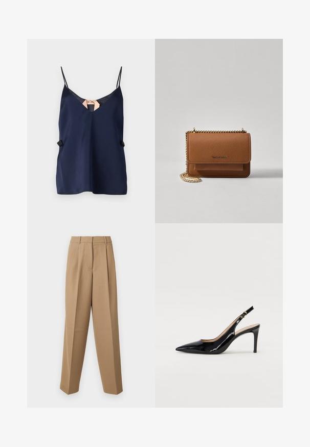 Camisola in satin blu navy con scollatura a V, spalline sottili e una sottile accentuazione laterale. Tessuto morbido e design leggero.; Pantaloni beige su misura con vita alta, fronte plissettato e taglio a gamba larga. Il tessuto appare morbido con una leggera lucentezza.; Pumps slingback in pelle verniciata nera con punta affilata, tacco sottile e un design con ritagli delicati. Caratterizzate da una fibbia dorata sul cinturino.; Borsa a tracolla in pelle marrone con texture, dotata di catena dorata e chiusura a pattina. Sul davanti presenta un dettaglio con logo e una tasca sotto la pattina.