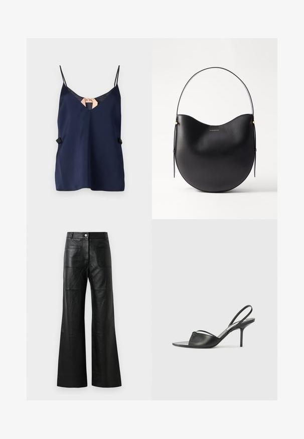 Camisola in satin blu navy con scollatura a V, spalline sottili e una sottile accentuazione laterale. Tessuto morbido e design leggero.; Pantaloni in pelle nera a gamba larga con tasche frontali e chiusura a bottone. Il materiale è morbido con una leggera lucentezza e dettagli di cucitura visibili.; Tacchi slingback in pelle nera con punta affusolata, sottile cinturino alla caviglia e tacco a spillo. Presenta un dettaglio annodato sulla tomaia.; Borsa a spalla in pelle nera con forma curva, manico sottile e sottili accenti dorati. Texture liscia con design minimalista.