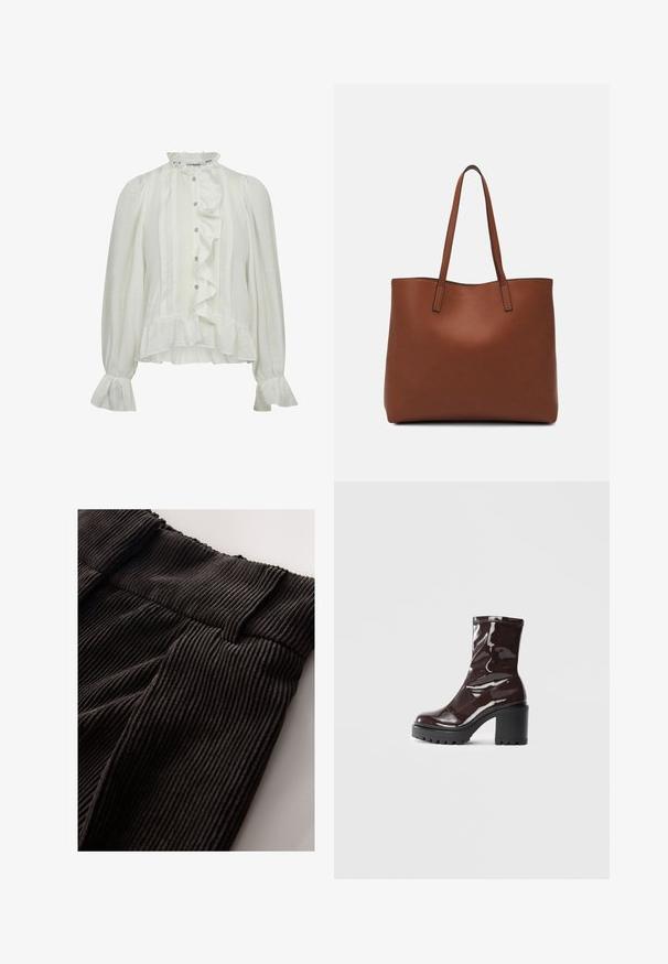 Biała bluzka z długim rękawem, z falbaną z przodu, wysokim kołnierzem, zapięciem na guziki i rozszerzanymi mankietami. Wykonana z teksturowanej tkaniny w pionowe paski.; Czarny prążkowany materiał z szerokim, elastycznym paskiem w pasie. Tekstura charakteryzuje się pionowymi żłobieniami, które dodają materiałowi głębi.; Błyszczące bordowe botki za kostkę z masywną czarną obcasem, charakteryzujące się gładką teksturą i prostym wzornictwem. Brak widocznych zapięć lub wzorów.; Brązowa skórzana torba tote o gładkiej fakturze, z otwartym wierzchem i dwoma ramiączkami. Charakteryzuje się minimalnym przeszyciem i brakiem widocznych elementów metalowych.