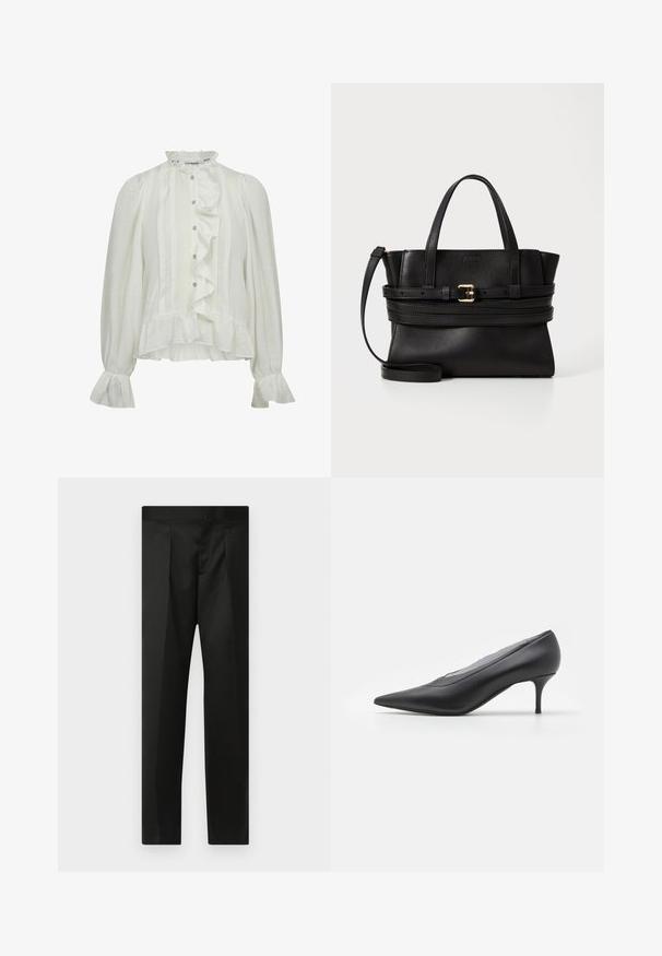Balta ilga rankovė bluzonė su volaniniu priekiniu, aukštu kaklu, mygtukų uždarymu ir išplėstomis rankovėmis. Pagaminta iš tekstūruoto audinio su vertikaliomis juostelėmis.; Juodos kelnės su lygiu audiniu, pritaikytu dizainu, tiesiomis kojomis ir plokščiu juosmeniu be matomų užsegimų ar kišenių.; Juodas smailiapirštis aukštakulnis batas, pagamintas iš lygaus odos. Išskirtinai plonas kulnas ir minimalistiškas dizainas be matomų puošmenų.; Juodas odinis rankinukas su struktūrizuota forma, dviem viršutinėmis rankenomis, nuimamu dirželiu ir auksiniu užsegimu horizontalioje juostoje.