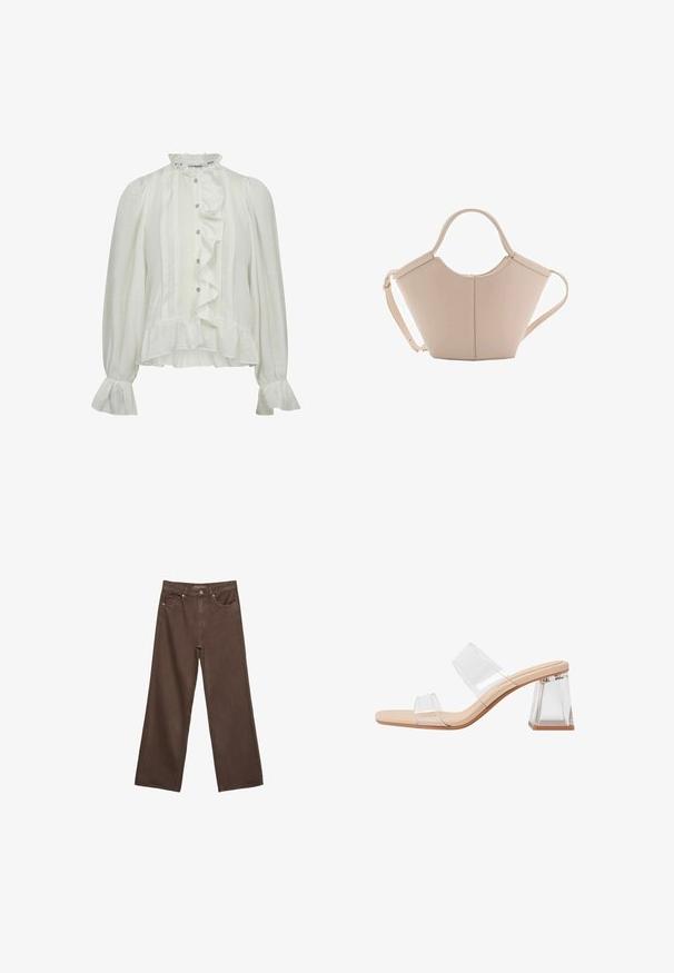 Blusa bianca a maniche lunghe con parte anteriore arricciata, colletto alto, chiusura a bottoni e polsini svasati. Realizzata in tessuto strutturato con righe verticali.; Jeans a gamba larga marroni in denim, con vita alta, tasche anteriori e chiusura a bottone classica. Tessuto liscio con cuciture sottili.; Sandali con tacco trasparente caratterizzati da due cinturini trasparenti, una base beige e un tacco a blocco trasparente geometrico. Design minimalista con texture liscia.; Borsa in pelle beige con una forma unica, caratterizzata da due manici corti e una lunga tracolla regolabile. Texture liscia con hardware minimale.