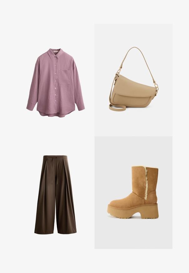 Camicia a maniche lunghe in tessuto lilla chiaro, con colletto classico, bottoni frontali e un taschino sul petto. Finitura strutturata, vestibilità rilassata.; Pantaloni ampi marroni realizzati in un tessuto testurizzato, con vita regolabile e pieghe frontali.; UGG NEW HEIGHTS CUFF - Stivali da neve - chestnut; Even&Odd Borsa a mano - beige