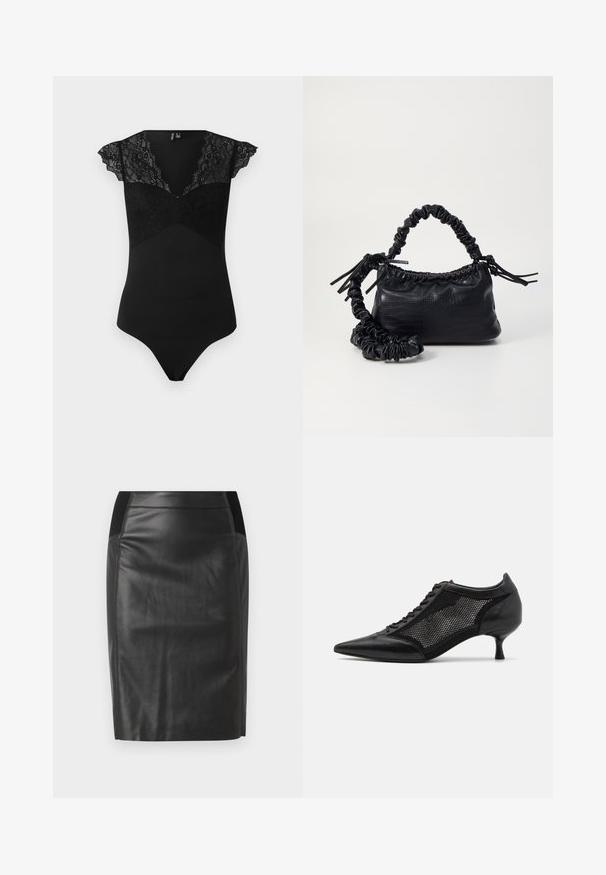 Body preto com mangas em renda e um painel de renda no corpete. Material suave em um design ajustado com decote em V e parte de trás tipo fio dental.; Saia lápis de couro preto com um design justo, textura suave e detalhes em cintura elástica de ambos os lados. Barra reta na parte inferior.; Shoe preto de bico fino com um design de painel em malha, apresentando um salto baixo e amarração na parte da frente. Feito de uma combinação de couro e material de malha.; Bolsa de mão em couro sintético preto com textura de crocodilo, topo franzido e alça enrugada. Apresenta um design suave e compacto.