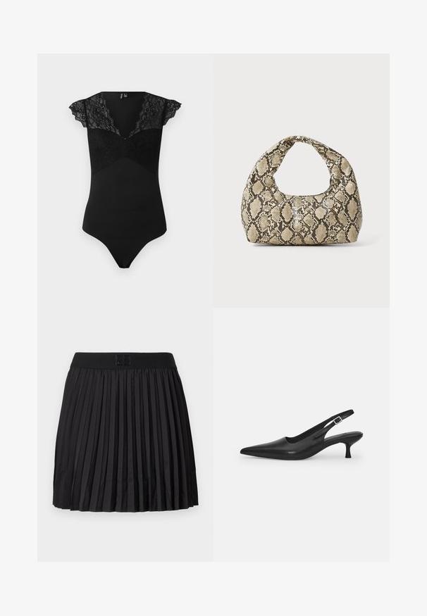 Fekete body csipkével díszített kézelőkkel és csipke panellel a melltartón. Simább anyag, testhezálló kialakítással, V-nyakkivágással és tangához hasonló hátrésszel.; Fekete, pliszírozott szoknya sima textúrával, egyszínű fekete derékrésszel és a fronthoz írt logóval.; Fekete bőr szandálcipő hegyes orral és karcsú, ívelt sarokkal. Diszkrét, állítható pánttal rendelkezik, fém csattal.; Kígyómintás kézitáska ívelt fogantyúval. Texturált, bézs és barna anyagból készült, jellegzetes gyémántmintával.