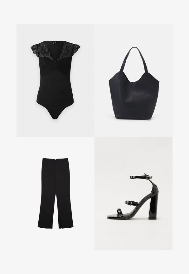 Body nero con maniche a cappetto in pizzo e pannello in pizzo sul corpetto. Tessuto liscio in un design aderente con scollatura a V e parte posteriore a perizoma.; Pantaloni neri a gamba dritta, con tasche frontali e spacchi laterali all'orlo. Realizzati in tessuto morbido e liscio. Adatti a diverse occasioni.; Sandali con tacco in vernice nera, con punta squadrata, cinturini alla caviglia e fibbie in argento. Presentano un tacco a blocco spesso per maggiore stabilità.; Borsa tote nera realizzata in pelle liscia, con una parte superiore curva e aperta, dotata di due manici per spalla e un design minimalista.