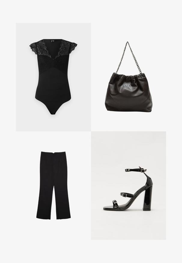 Czarny body z koronkowymi rękawami i koronkową wstawką na biuście. Gładki materiał w dopasowanym fasonie z dekoltem w kształcie litery V i majtkowym tyłem.; Czarne spodnie o prostym kroju, z przednimi kieszeniami i bocznymi rozcięciami na dole. Wykonane z miękkiego, gładkiego materiału. Odpowiednie na różne okazje.; Czarne lakierowane sandały na obcasie z kwadratowym noskiem, z paskami wokół kostki i srebrnymi klamrami. Posiadają masywny słupek dla stabilności.; Brązowa skórzana torba z marszczonym szczytem i łańcuszkowym paskiem. Gładka tekstura z błyszczącym wykończeniem i subtelnymi detalami szwów po bokach.