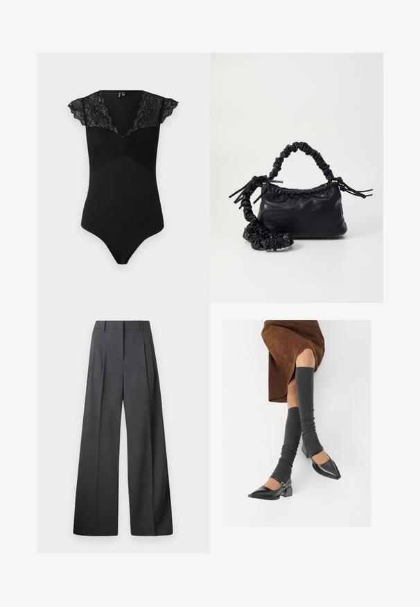 Body nero con maniche a cappetto in pizzo e pannello in pizzo sul corpetto. Tessuto liscio in un design aderente con scollatura a V e parte posteriore a perizoma.; Pantaloni a gamba larga in tessuto grigio scuro, con vita alta, pieghe singole e una texture liscia con una finitura pulita sui orli.; Scarpe nere in pelle verniciata con punta affilata, tacco a blocco e cinturino alla caviglia, abbinate a scaldamuscoli grigi a coste e una gonna in suede marrone.; Borsa a tracolla in ecopelle nera con texture a coccodrillo, apertura cinchata e tracolla arricciata. Si presenta con un design morbido e compatto.