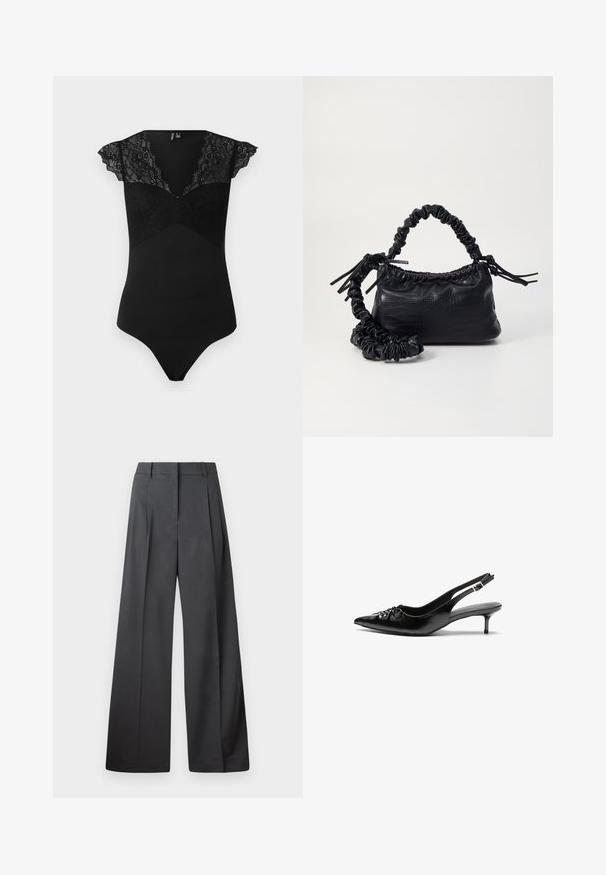 Černý body s krajkovými krátkými rukávy a krajkovou vsadkou na živůtku. Hladký materiál v přiléhavém střihu s výstřihem do V a tangy na zadní části.; Široké kalhoty z tmavě šedé látky, s vysokým pasem, jedním skladem a hladkou texturou s čistým zakončením na lemech.; Černé kožené lodičky na slingback s špičatou špičkou, malým podpatkem typu kitten a ozdobným uzlem na přední straně. Hladký povrch po celém obvodu.; Černá kabelka z umělé kůže s krokodýlím vzorem, staženým vrškem a zmačkaným popruhem. Zdá se, že má měkký a kompaktní design.